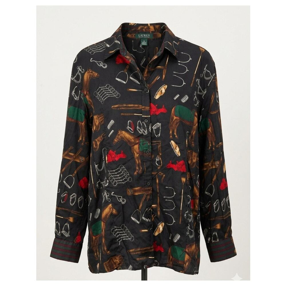 Lauren Ralph Lauren Womens Equestrian Horse Cotton Button Up Shirt